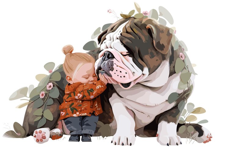 PSD una rappresentazione in stile cartone animato di un bulldog inglese e di un bambino umano