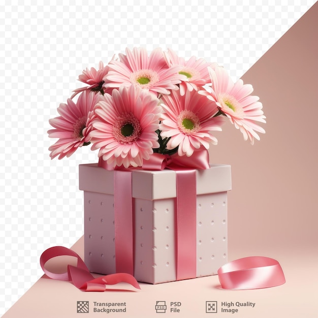 una scatola di fiori con un nastro rosa e un nastro rosa.
