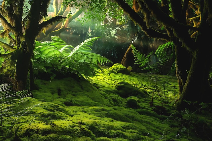 PSD una scena di foresta serena e lussureggiante bagnata da un morbido