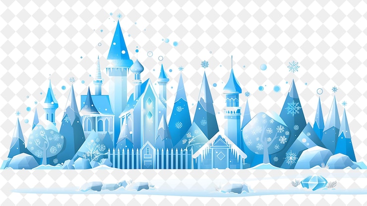 PSD una scena invernale con un uomo di neve e un castello innevato
