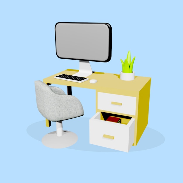 una scrivania con un computer e una sedia con una pianta su di essa