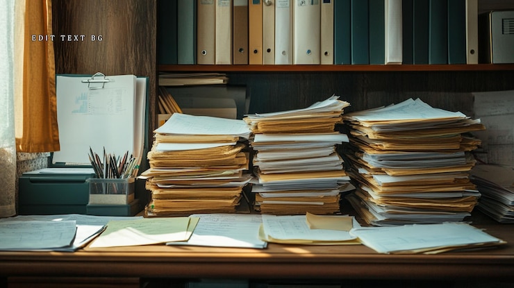 PSD una scrivania d'ufficio sopraffatta da pile di documenti e file che mostrano uno spazio di lavoro disordinato