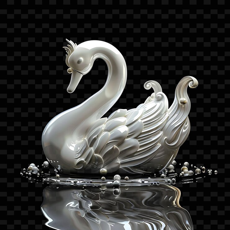 PSD una scultura di cigno con un cigno sulla schiena si riflette nell'acqua