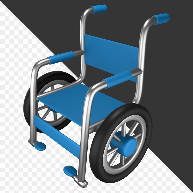 PSD una sedia a rotelle blu con un sedile blu e uno sfondo nero