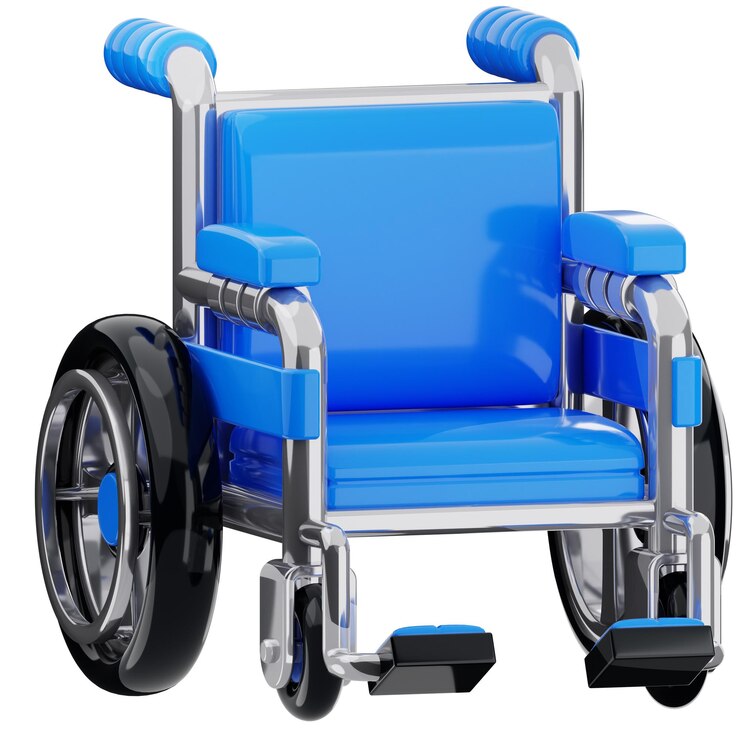 PSD una sedia a rotelle blu e argento con la parola il blu sul retro