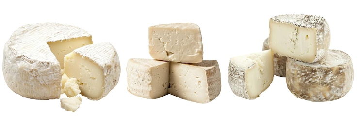 PSD una selezione di formaggi di capra freschi disposti in un'esposizione visivamente attraente che mostra la loro consistenza cremosa e liscia