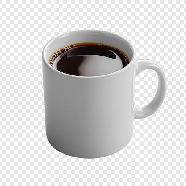 una semplice tazza di caffè bianca da 10 oz piena di ricco caffè scuro isolato su uno sfondo bianco pulito