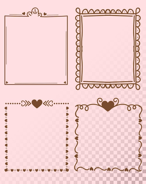 una serie di cornici con dei cuori su di loro Collezione di carine cornici decorative disegnate a mano