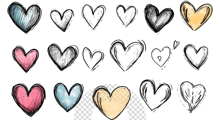 PSD una serie di cuori disegnati su uno sfondo bianco con un cuore giallo