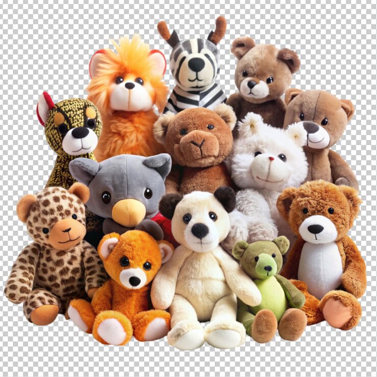 una serie di giocattoli per animali di peluche sullo sfondo trasparente