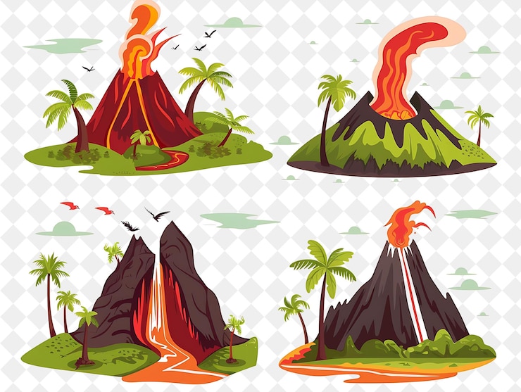 PSD una serie di immagini di vulcani e montagne con palme
