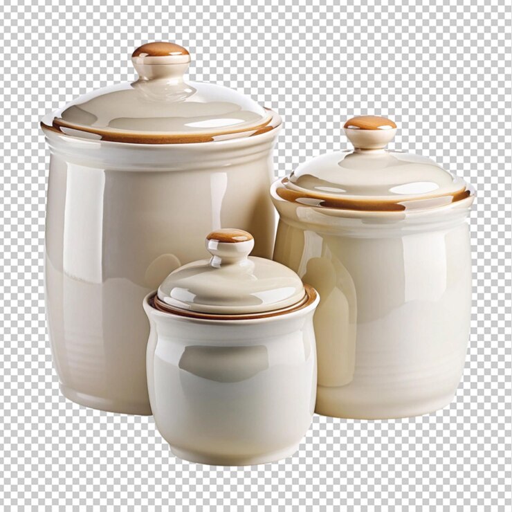 una serie di recipienti in ceramica con sfondo trasparente