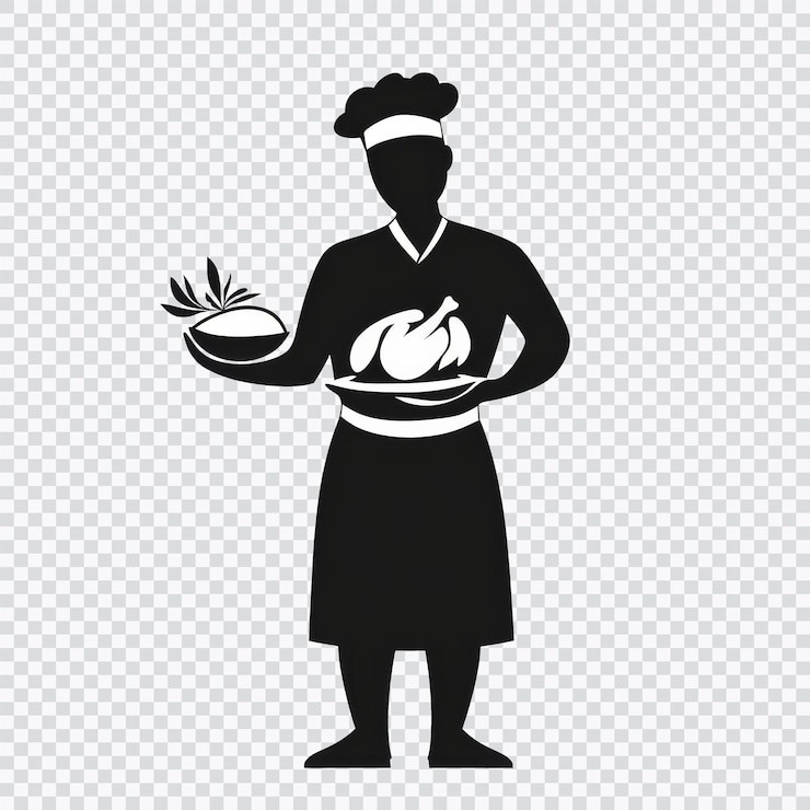 PSD una silhouette in bianco e nero che disegna un uomo a figura di bastone vestito da chef in piedi con un arrosto