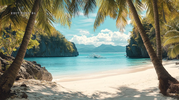 PSD una spiaggia tropicale isolata con acque turchesi cristalline, sabbia bianca, palme e montagne lontane.