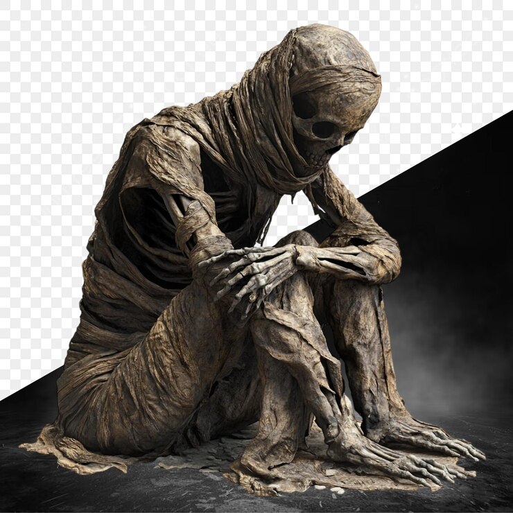 PSD una statua di un uomo con un cranio sul petto si siede di fronte a uno sfondo nero