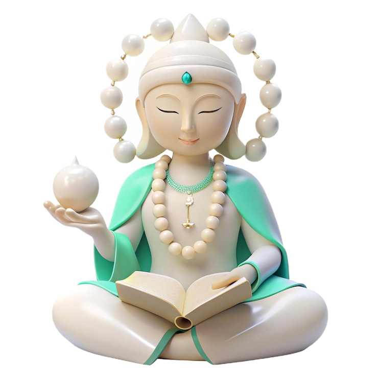 PSD una statua di una donna che legge un libro con un libro intitolato buddha