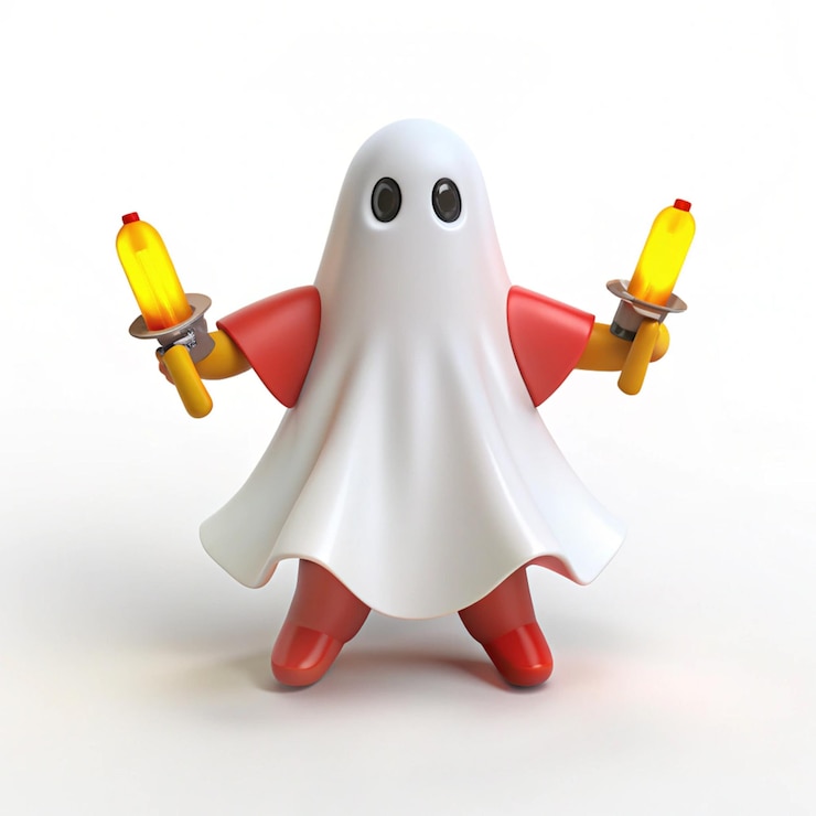 PSD una statuetta con un fantasma bianco che tiene un paio di candele gialle