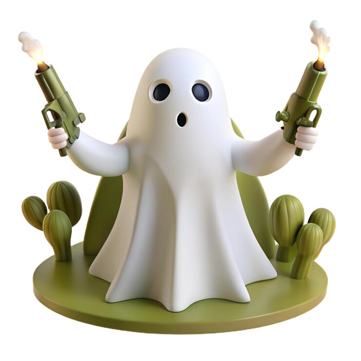 PSD una statuetta di un fantasma con una pistola che indica a destra