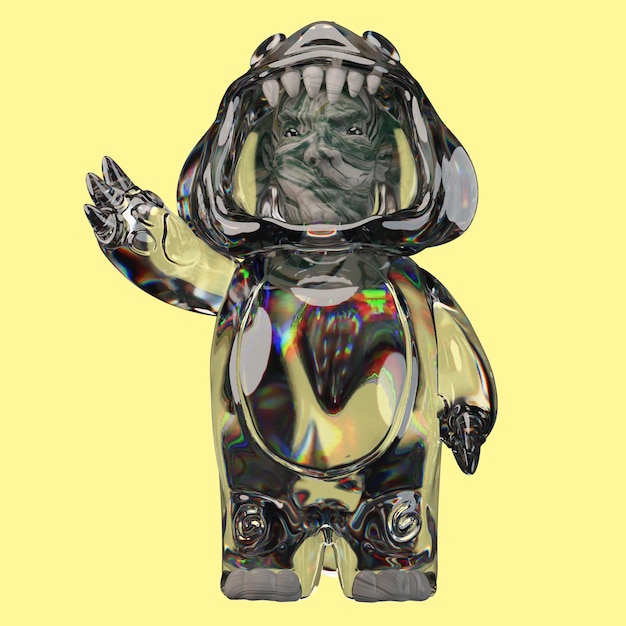 una statuetta di una creatura con una camicia verde e una camicia bianca e nera