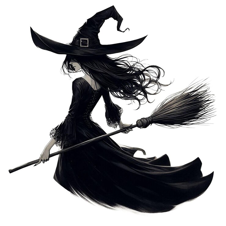 PSD una strega volante di halloween con un cappello nero e una scopa magica.