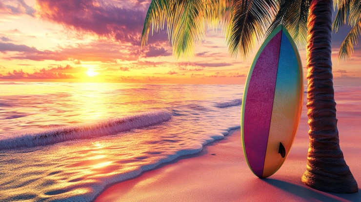 PSD una tavola da surf colorata appoggiata a una palma su una spiaggia tropicale al tramonto