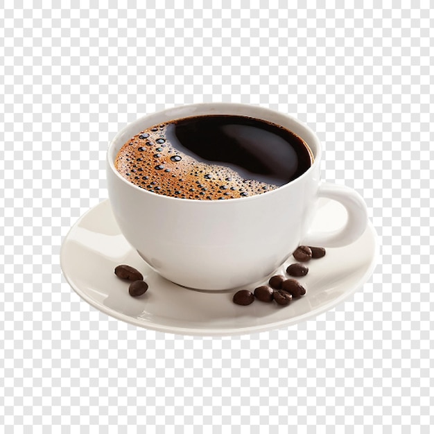 Una tazza di caffè con i chicchi di caffè su un piatto bianco