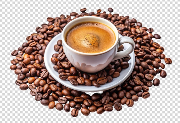 una tazza di caffè con una tazzina di caffè e chicchi di caffè