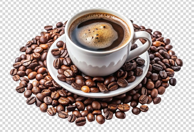 una tazza di caffè e chicchi di caffè su uno sfondo trasparente