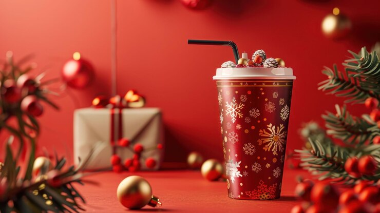 PSD una tazza di carta rossa con un disegno di fiocco di neve riempita di una bevanda e una cannuccia circondata da ornamenti di natale un regalo e un ramo di pino
