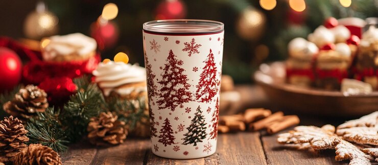 PSD una tazza di natale festiva con bevande calde su un tavolo di legno circondata da dolcetti e ornamenti