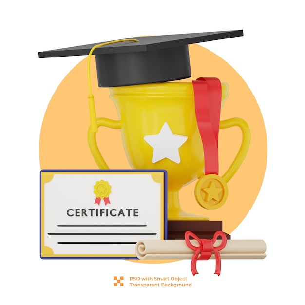 Una tazza gialla con sopra un cappello di laurea e un diploma.