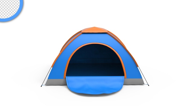 Una tenda blu e arancione con la porta aperta.