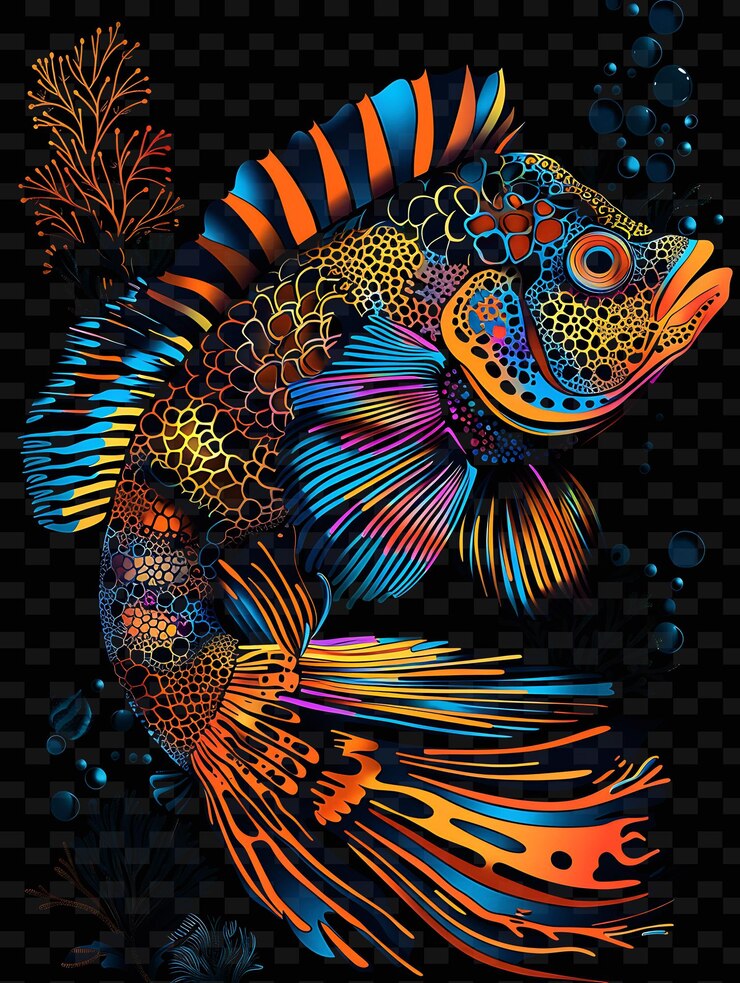 PSD una testa di pesce colorata con strisce arancione e blu e pesce arancione
