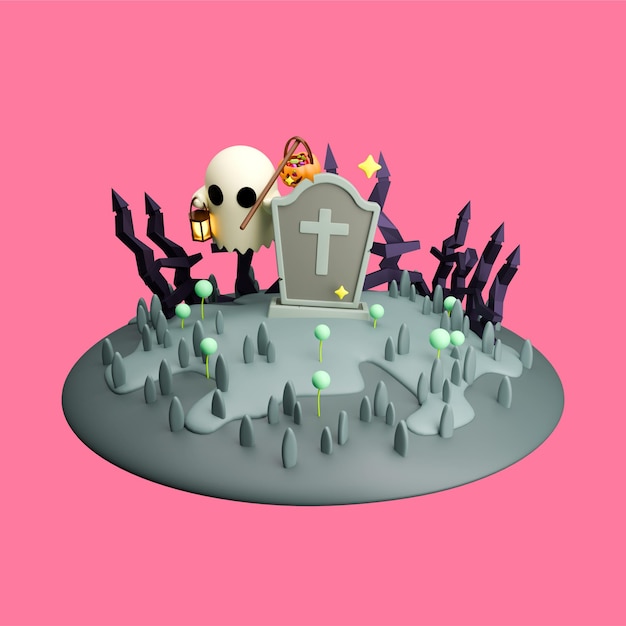 una tomba iconica 3D con un fantasma portano luci e pompe