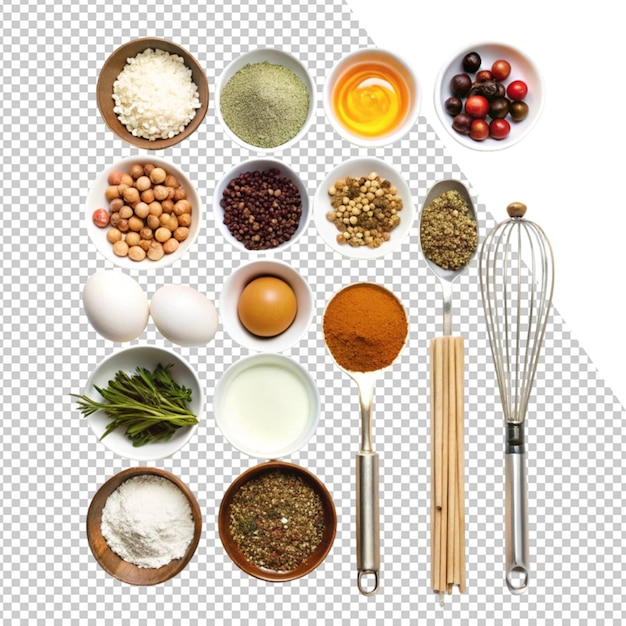 una varietà di alimenti, comprese uova, riso e altri ingredienti