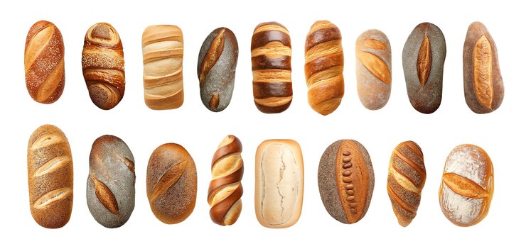 PSD una varietà di pane appena cotto isolato su bianco