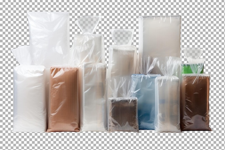 PSD una varietà di prodotti confezionati avvolti in sacchetti di plastica trasparenti esposti su una superficie bianca pulita su uno sfondo trasparente png bianco o trasparente