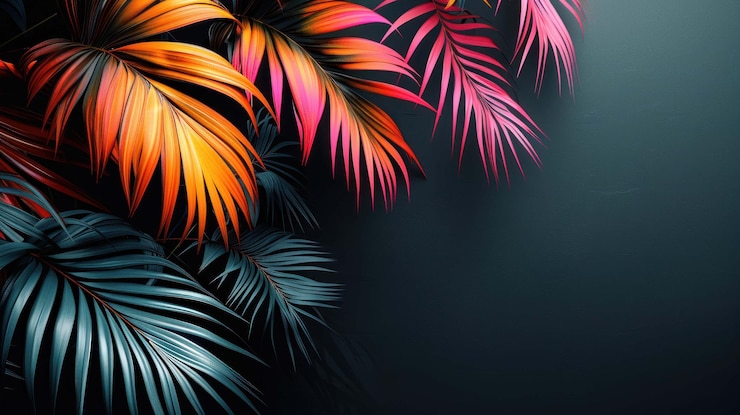PSD una vibrante disposizione di foglie di palme tropicali in tonalità di arancione rosso e verde verde su uno sfondo scuro crea uno sfondo lussureggiante ed esotico
