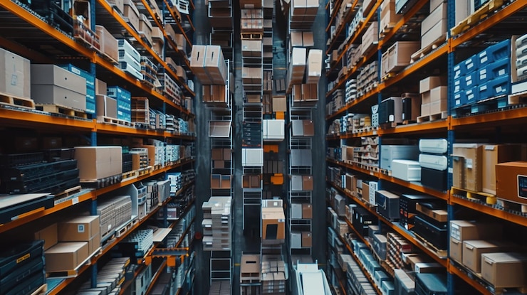 PSD una vista ad alto angolo di un magazzino pieno di scatole e pallet impilati che mostrano la vastità e la natura organizzata della struttura di stoccaggio