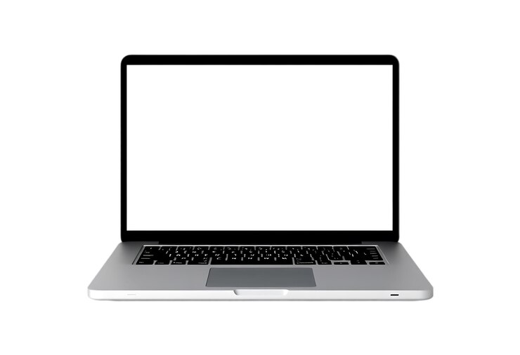 PSD una vista anteriore di un portatile argentato con uno schermo bianco vuoto mockup
