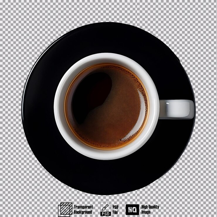 PSD una vista dall'alto verso il basso di una tazza di caffè su uno sfondo nero semplice
