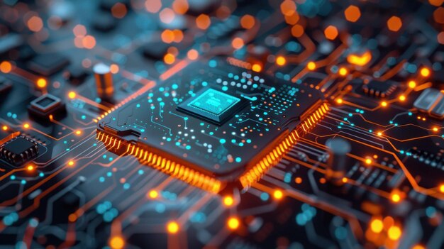 Una vista ravvicinata di un chip di un processore di computer su un circuito stampato con luci luminose