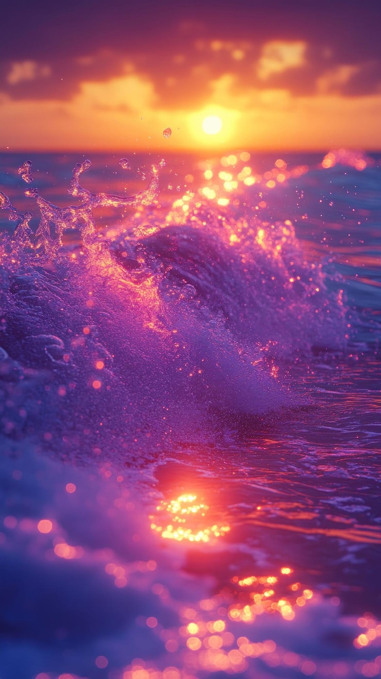 PSD una vista ravvicinata di un'onda che si schianta sulla riva durante un vivace tramonto l'acqua è un mix di rosa e arancione con il sole che tramonta in lontananza