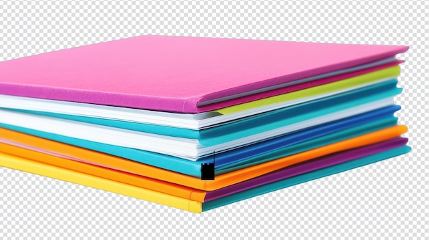 Una vivace disposizione di notebook di carta colorati esposti su una superficie pulita, perfetti per l'uso in ufficio e a scuola