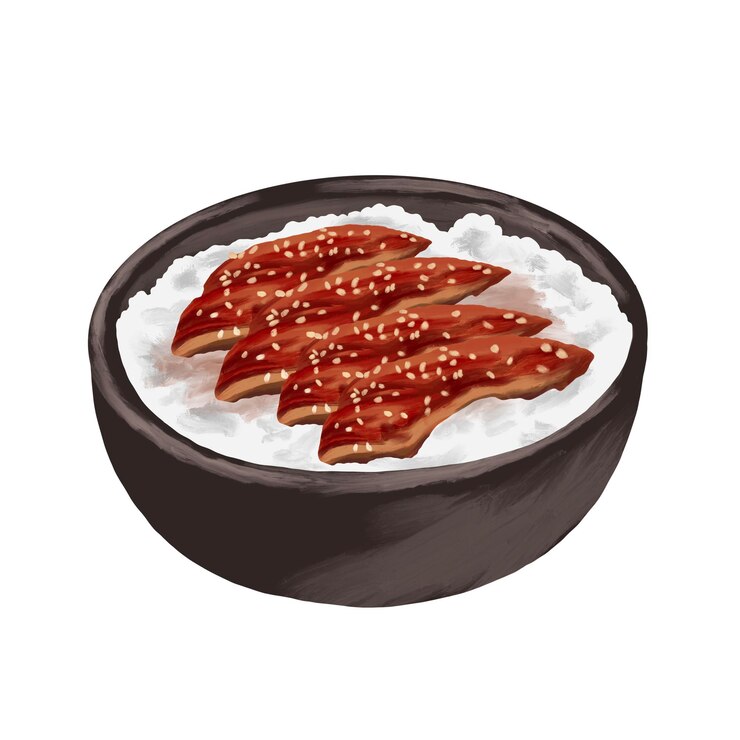 PSD unagi carne churrasco rice bowl pintura ilustração do menu