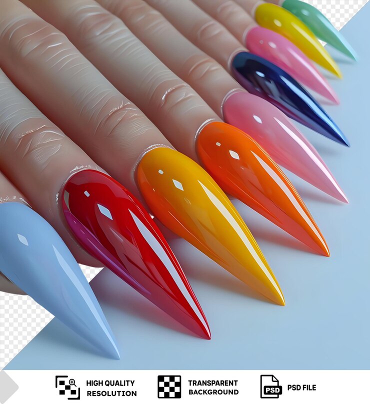 PSD uñas coloridas de primera calidad exhibidas sobre un fondo azul con un globo amarillo
