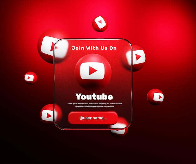 Únase a nosotros en el banner de YouTube con efecto de morfismo de vidrio o publicación de banner de marco de tarjeta de redes sociales