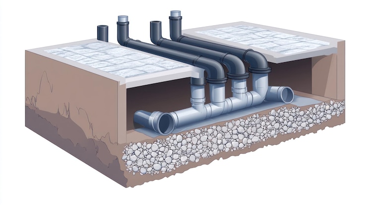 PSD underground drainage system illustration showing pipes concrete gravel and soil layers