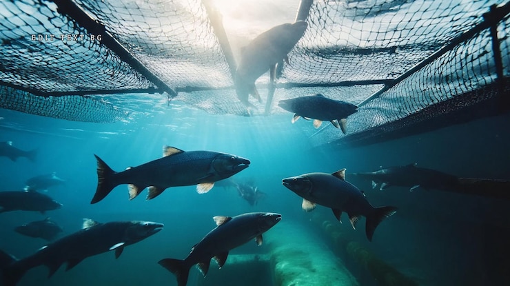 PSD underwater view of salmon swimming beneath a fish farm net
