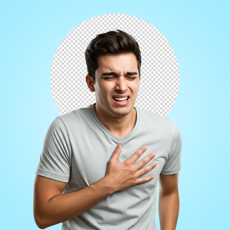 PSD unhappy young man having heart attack or heartache over